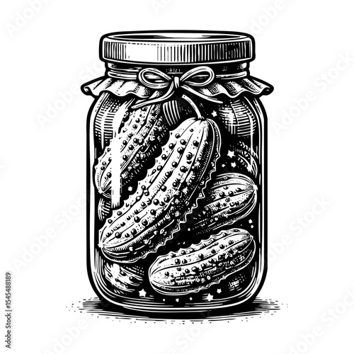 Cucumber pickle in jar engraving black and white outline. Scratch board imitation.