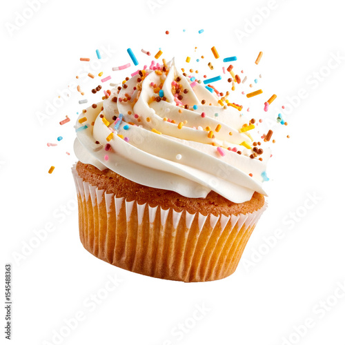 cupcake with sprinkles and floating icing isolated on transparent background