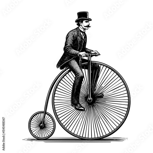 Gentleman riding penny farthing bicycle sketch engraving black and white outline. Scratch board imitation.  illustrated in vintage line art style on a white background.
