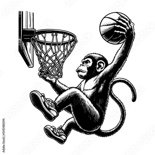 Monkey slam dunk sketch engraving black and white outline. Scratch board imitation. illustrated in vintage line art style on a white background.