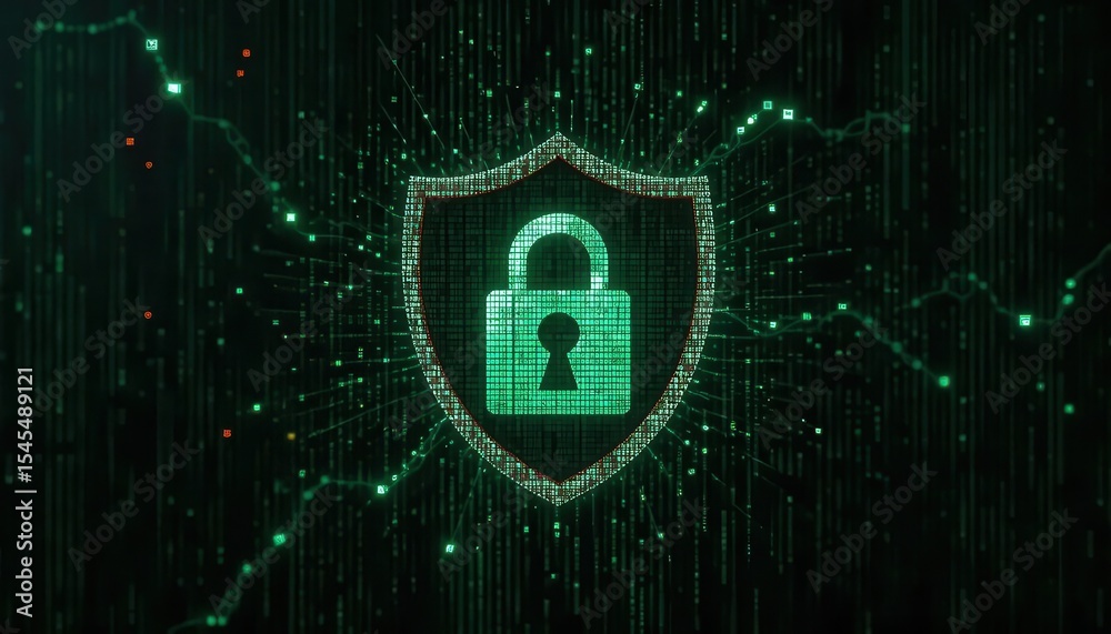 Naklejka premium Cybersecurity awareness best practice concepts. A digital shield with a padlock symbol represents cybersecurity, data protection, and online security in a futuristic, matrix-style green code 
