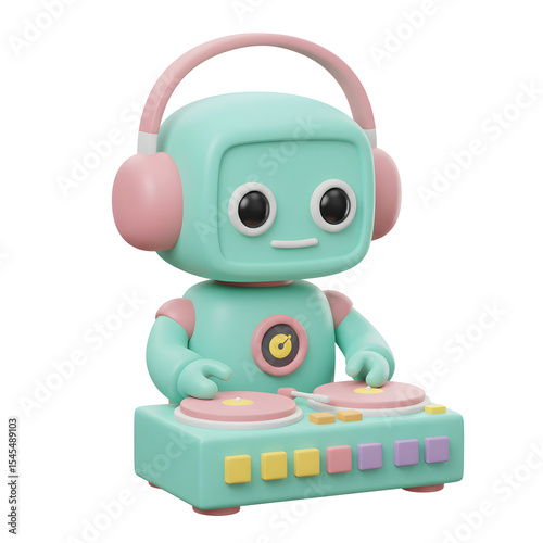 3D Cute Toy Robot DJ with Pink Headphones and Turntables in a Playful Setup