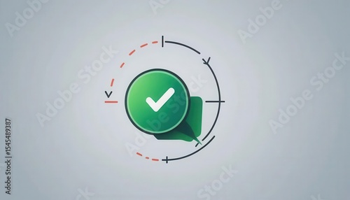 Cybersecurity awareness best practice concepts. A green checkmark inside a chat bubble with circular progress design elements on a light gray background.