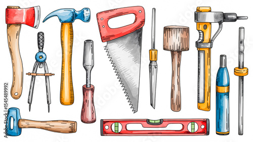 A detailed watercolor illustration of various woodworking tools arranged on a white background