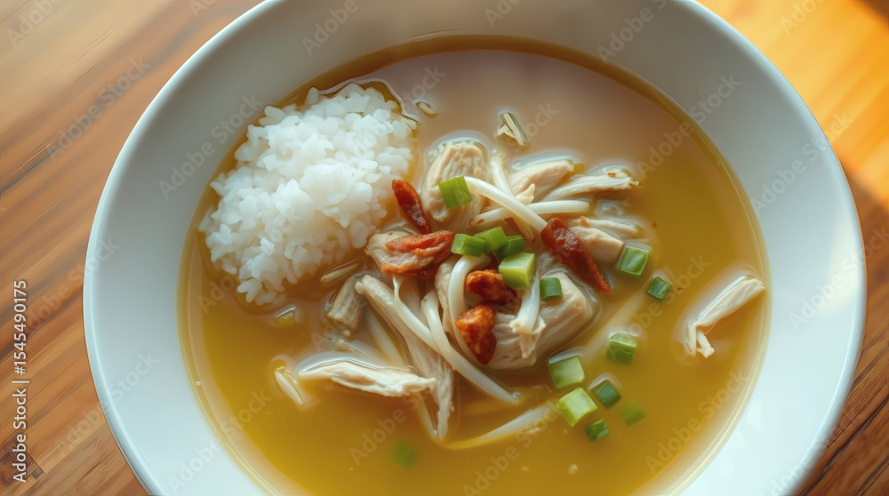 A close-up shot of a bowl of delicious chicken and rice soup with various garnishes A close-up shot of a bowl of delicious chicken and rice soup with various garnishes