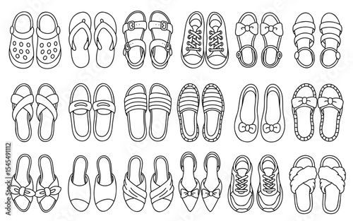 Doodle summer shoes set with sneakers, sandals, clogs, slippers, flip-flops, espadrilles, mules and ballerina flats