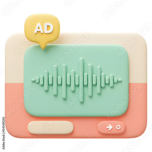 3D Audio Advertisement Interface with Play Button and Sound Waveform on Split Background
