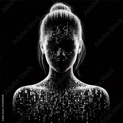A black and white silhouette of a woman's avatar assembled from streams of digital information in the form of a programming language in a virtual space. Vector graphics. EPS.