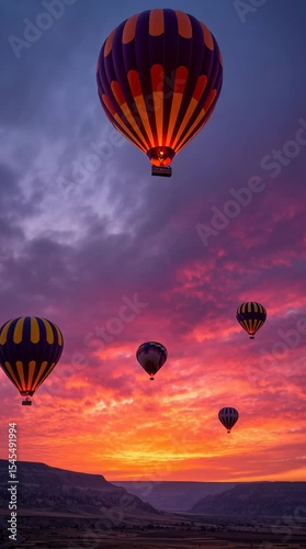 Hot air balloons floating over a cappadocian valley at sunrise