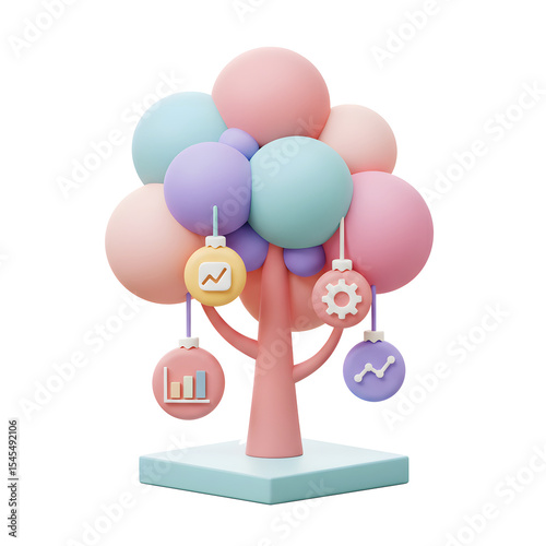 Data Analytics Concept Tree with Colorful Ornaments Representing Graphs and Gears on Pastel Branches