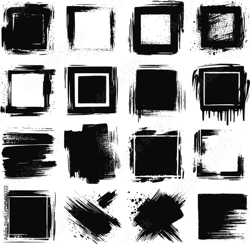 Black vector rough edge rectangles. Grunge square frames set. Jagged edge torn paper background collection. Paint brush strokes. Grungy distressed text boxes. EPS 10 version.