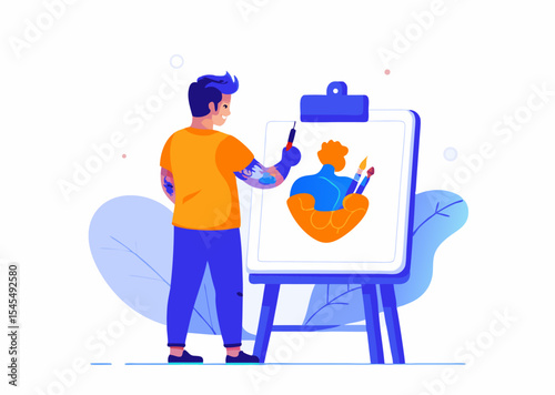 A person making tattoo sketch image. Cartoon style. Vector illustration.