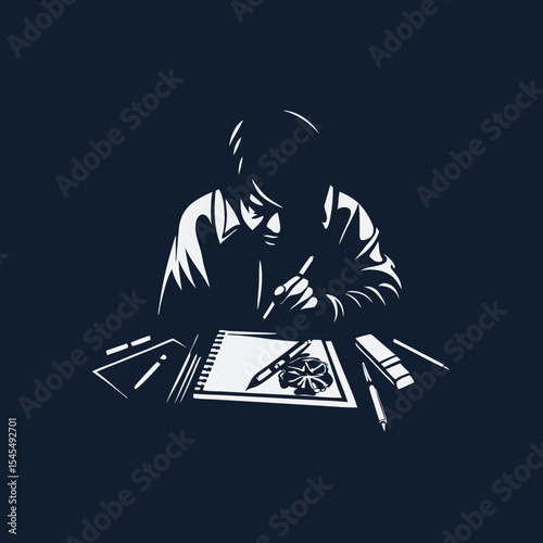 A person making tattoo sketch engraved vintage image. Vector illustration.