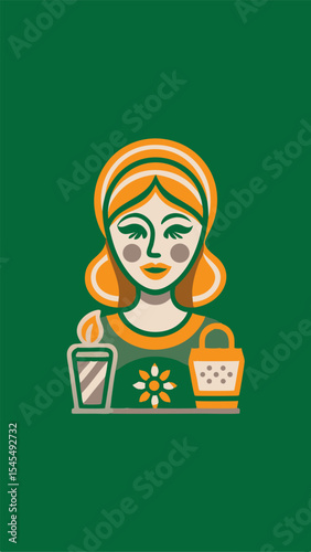 A woman doing morning skincare routine image. Minimalistic flat style. Vector illustration.