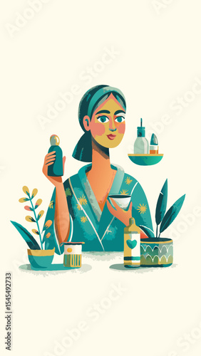 A woman doing morning skincare routine watercolor image. Flat style. Vector illustration.