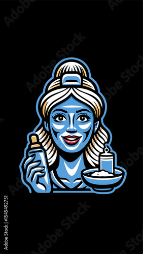 Hand drawn a woman doing morning skincare routine colorful image. Vintage style. Vector illustration.