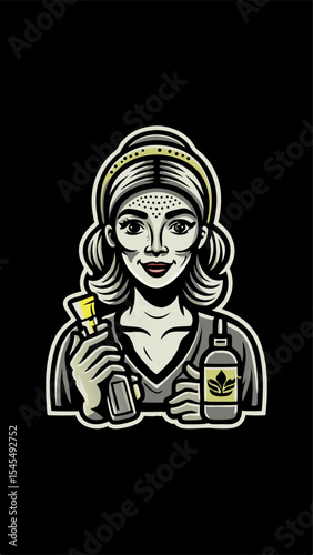 Hand drawn a woman doing morning skincare routine colorful image. Vintage style. Vector illustration.