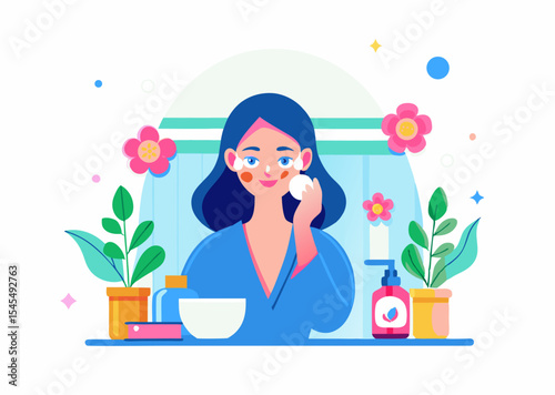 A woman doing morning skincare routine image. Cartoon style. Vector illustration.