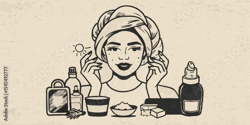 A woman doing morning skincare routine monochrome vintage image. Flat vector illustration.
