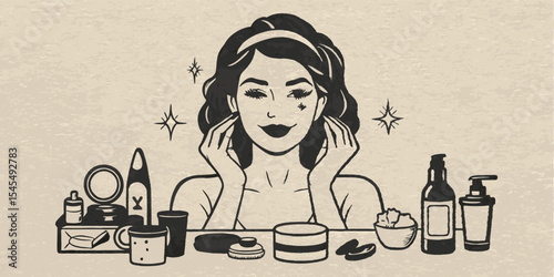 A woman doing morning skincare routine monochrome vintage image. Flat vector illustration.