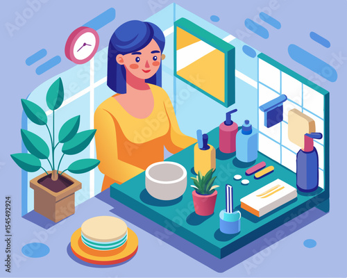 A woman doing morning skincare routine image. Isometric style. Vector illustration.