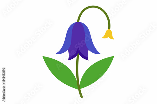 A beautiful blue iris flower with lush green leaves, its delicate petals and stem captured in a detailed vector illustration, perfect for spring garden designs