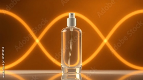 sleek, glossy, mist bottle with a transparent glass-like material, clean and blank, devoid of any labels or branding, presented in a premium realistic mockup setting