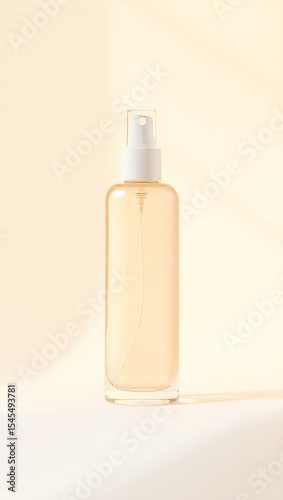 Vertical banner for social media of sleek, glossy, and transparent mist face product bottle, devoid of any labels or branding, set against a soft, creamy white ambiance that subtly complements