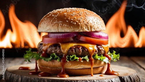 gourmet hamburger placed on a rustic wooden surface. The burger features a sesame seed bun, with the top bun slightly tilted, revealing layers of fresh ingredients. The patty is thick and juicy
