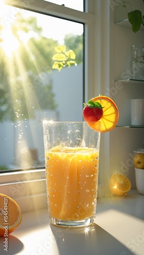 Vertical banner for social media of clean kitchen morning scene with sunlight streaming through a window. A transparent glass tumbler is filled with fresh orange juice and a slice of banana