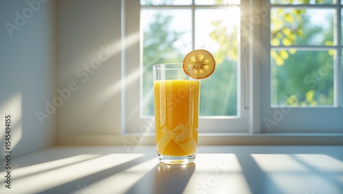 clean kitchen morning scene with sunlight streaming through a window. A transparent glass tumbler is filled with fresh orange juice and a slice of banana or strawberry on the rim