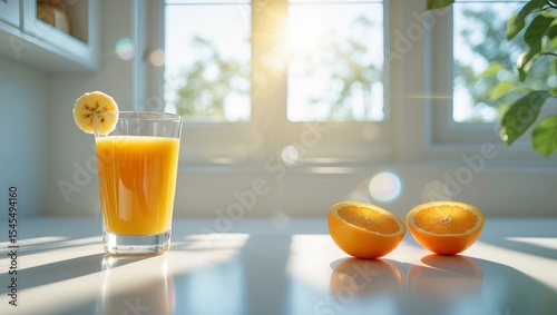 clean kitchen morning scene with sunlight streaming through a window. A transparent glass tumbler is filled with fresh orange juice and a slice of banana or strawberry on the rim