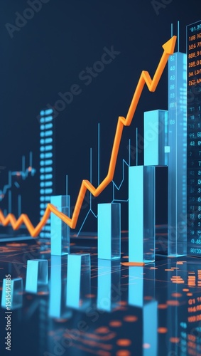 Vertical banner for social media of futuristic digital stock market visualization on a dark blue background. Glowing light blue candlestick charts and orange trend lines represent financial data