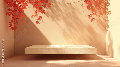 Natural stone podium with falling autumn leaves in front of beige background. Fall season, thanksgiving and seasonal home decor scene. Premium brand product placement showroom stag