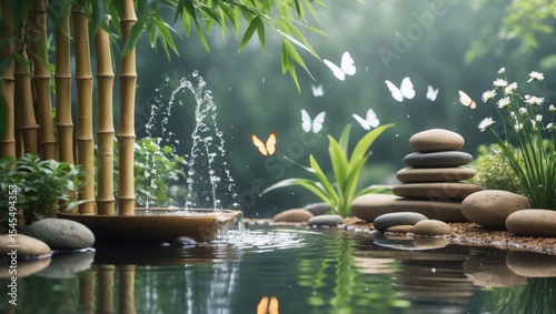 peaceful and relaxing background music set in a serene garden by a pond. The sound of water gently flowing from a bamboo fountain provides a soft, rhythmic sound that blends harmoniously
