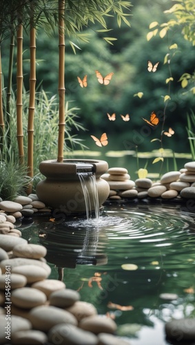 Vertical banner for social media of peaceful and relaxing background music set in a serene garden by a pond. The sound of water gently flowing from a bamboo fountain provides a soft, rhythmic sound