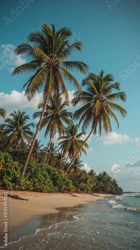 Vertical banner for social media of cluster of tall and slender Indonesia palm trees, set against a clear blue sky with a few wispy white clouds, standing majestically along a sandy beach with gentle