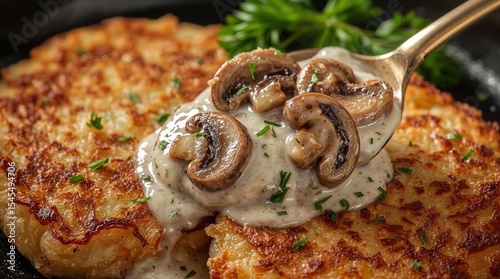 two golden-brown, crispy pan-fried dranniki potato pancakes. Each drannik has a rustic, textured, slightly irregular surface, hinting at its homemade appeal. A generous spoonful of creamy