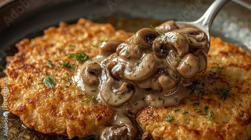 two golden-brown, crispy pan-fried dranniki potato pancakes. Each drannik has a rustic, textured, slightly irregular surface, hinting at its homemade appeal. A generous spoonful of creamy