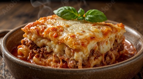 portion of freshly baked lasagna Bolognese served in a rustic, single-serving ceramic dish. The top layer is a bubbling, golden-brown crust of melted mozzarella and Parmesan cheese, caramelization