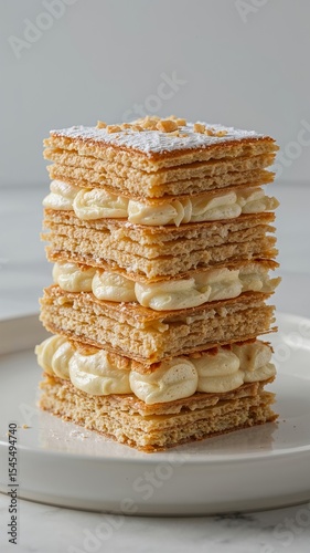 Vertical banner for social media of perfectly constructed slice of classic Napoleon cake Mille-feuille. The cake clearly shows its numerous, distinct, golden-brown, flaky pastry layers, generously