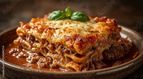 portion of freshly baked lasagna Bolognese served in a rustic, single-serving ceramic dish. The top layer is a bubbling, golden-brown crust of melted mozzarella and Parmesan cheese, caramelization
