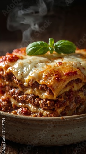Vertical banner for social media of portion of freshly baked lasagna Bolognese served in a rustic, single-serving ceramic dish. The top layer is a bubbling, golden-brown crust of melted mozzarella