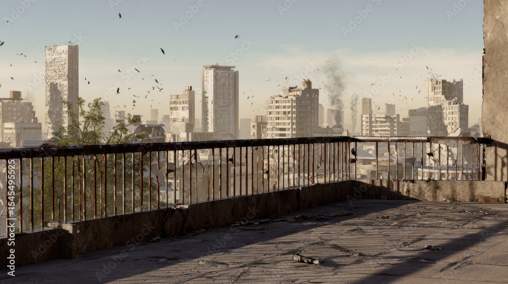 Obraz premium View of a damaged city skyline from an abandoned balcony with scattered debris and smoke rising in the distance. Urban decay and post-conflict atmosphere. War-torn environment and destruction concept