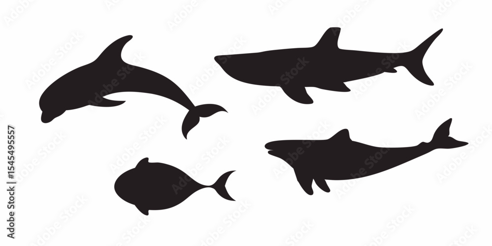 Fototapeta premium Silhouette of marine life vector art featuring dolphin shark and fish ocean animals swimming together design