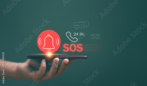Emergency signal requesting help call concept. Human use SOS emergency app on mobile phone and call for help. Emergency application from smartphone for elderly, 24 hour support line.