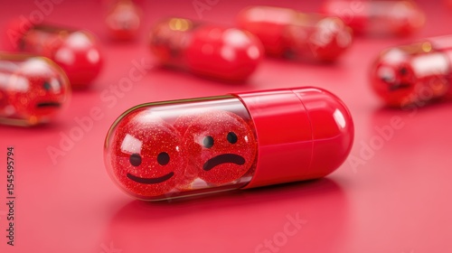 Red pills with happy and sad mood face for mental illness and mental health crisis.