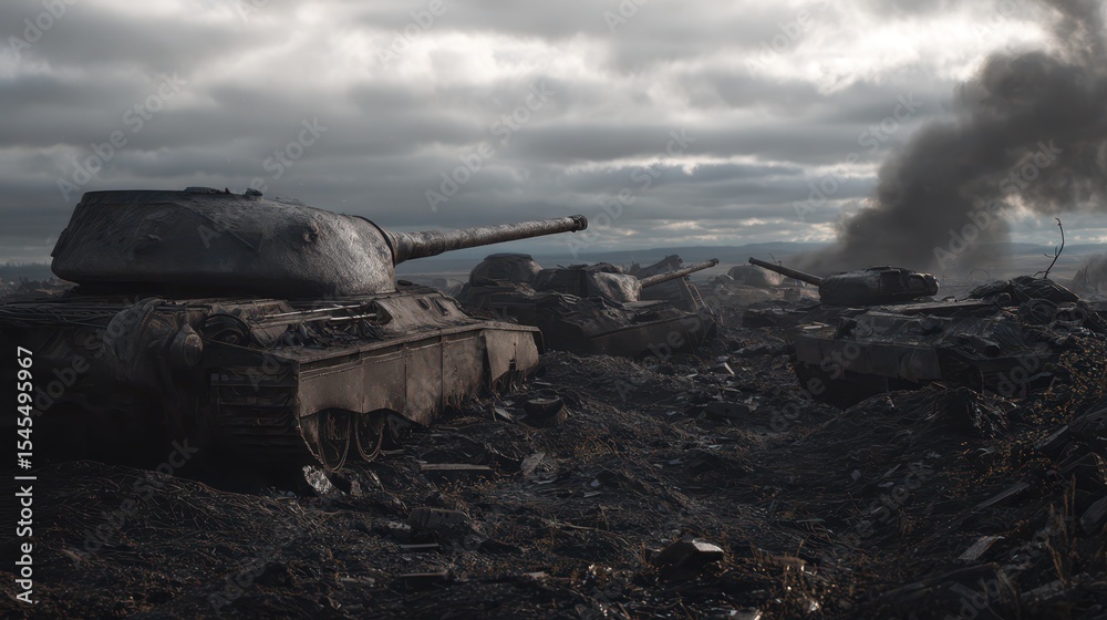 Obraz premium Burned and abandoned tanks scattered across a war-torn battlefield under a dark, cloudy sky. Scene of destruction, defeat, and aftermath of intense military conflict. War ruins and devastation