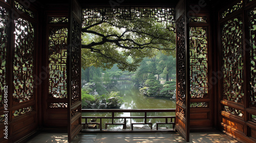 Suzhou garden lattice windows are exquisite wooden artworks whose intricate structures frame stunning views of pavilions and terraces.