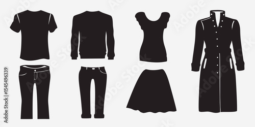 Clothing apparel fashion vector silhouette t shirt sweater dress skirt pants and coat for designers